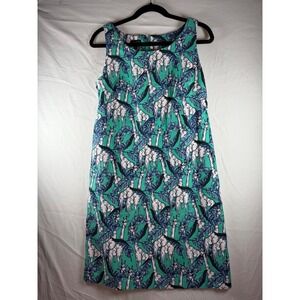 Talbots Women Green Blue Giraffe Palm Leaf Print Sleeveless Shift Dress 4 preppy